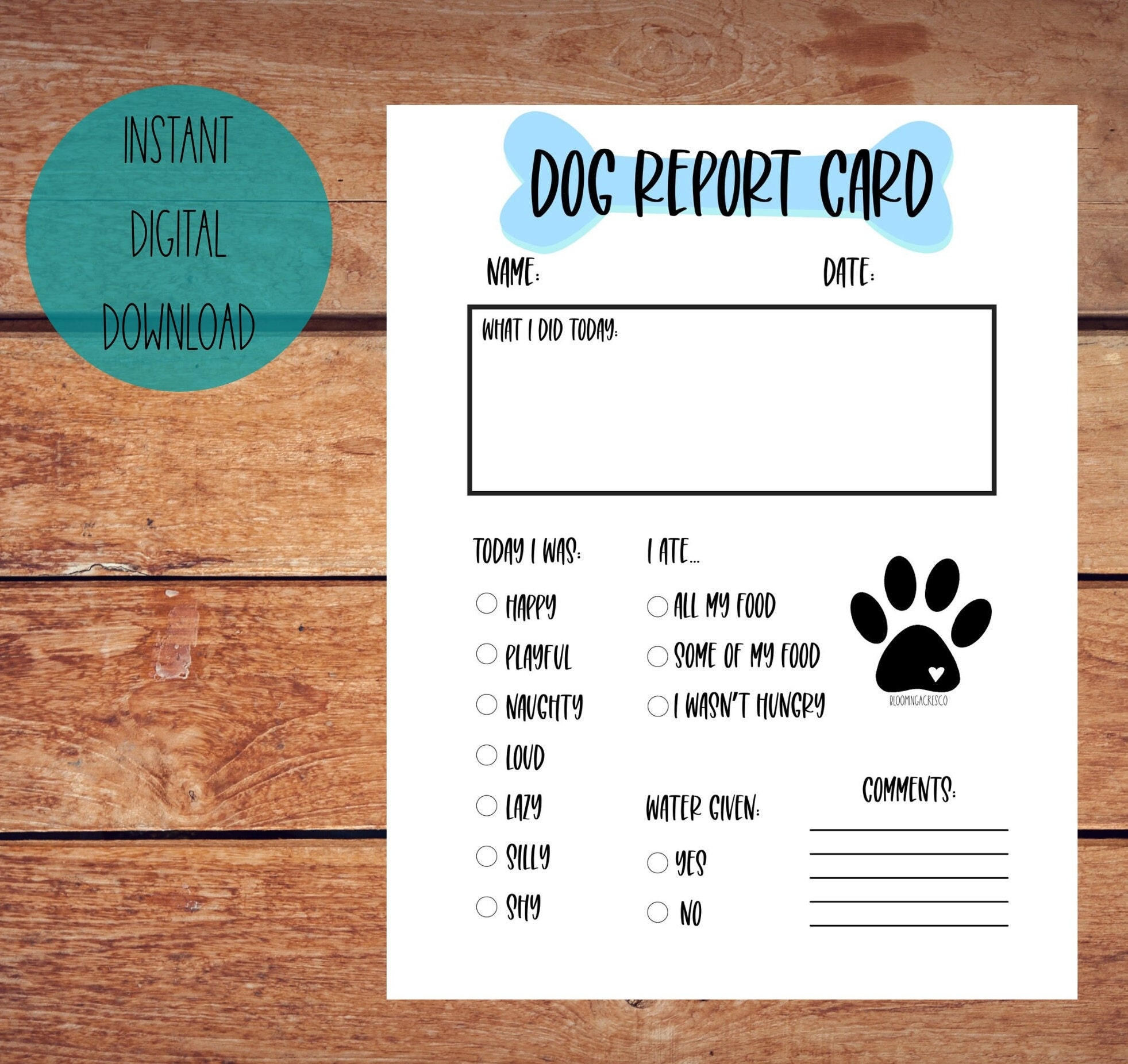 Printable Dog Report Card Etsy