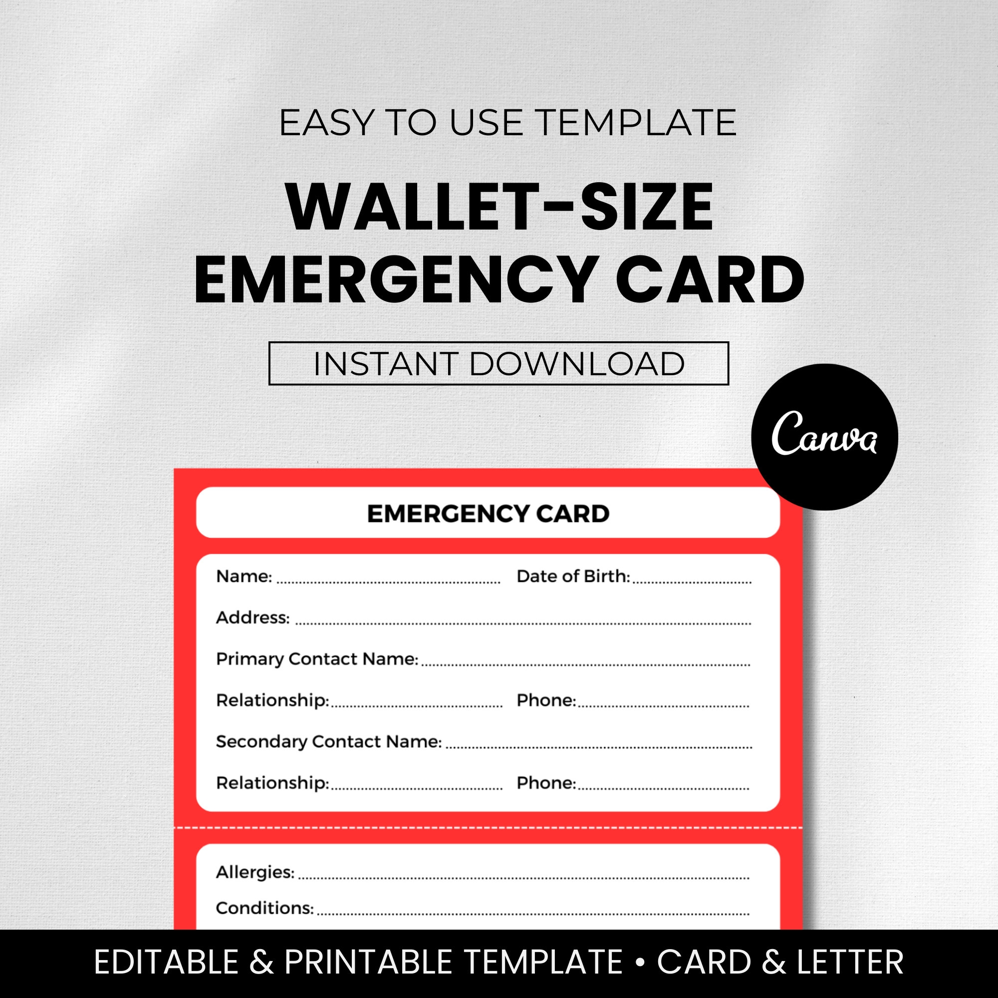Printable Emergency Card Template Emergency Card For Wallet Emergency Contact Card Business Card Size Editable Canva Template Etsy