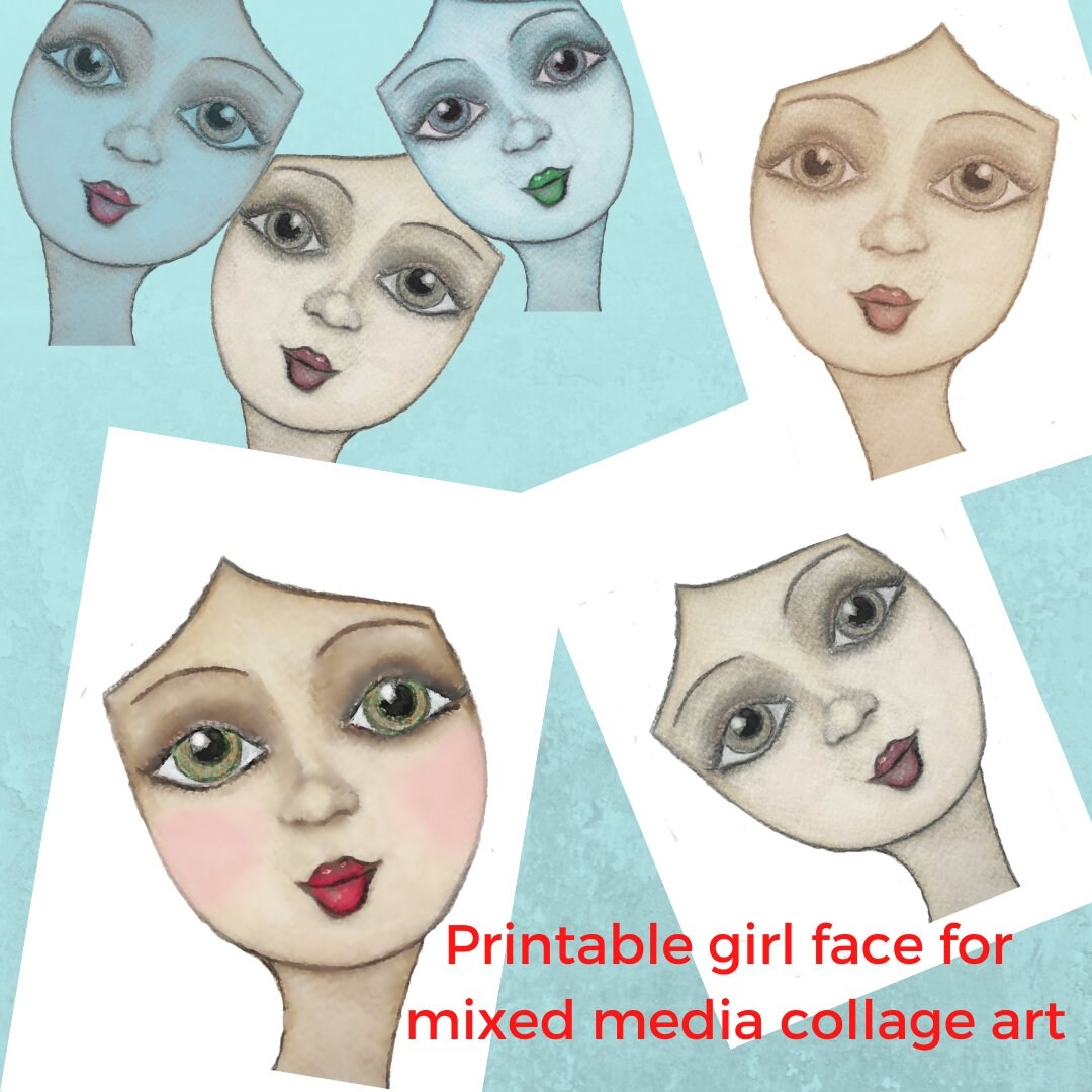 Printable Girls Face For Mixed Media Female Face Illustration For Art Journals Printable Doll Faces In Different Colours Doll Face Digital Etsy