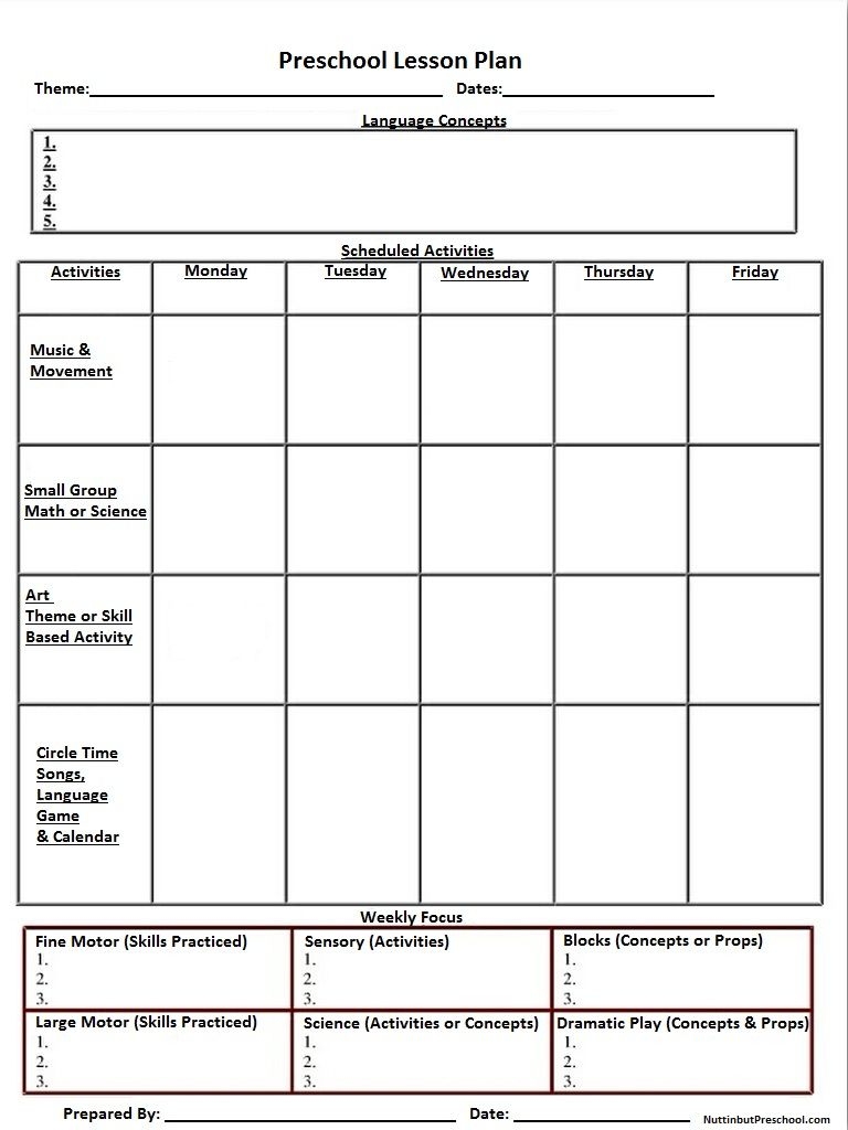 Printable Lesson Plans Preschool Lesson Plan Template Kindergarten Lesson Plans