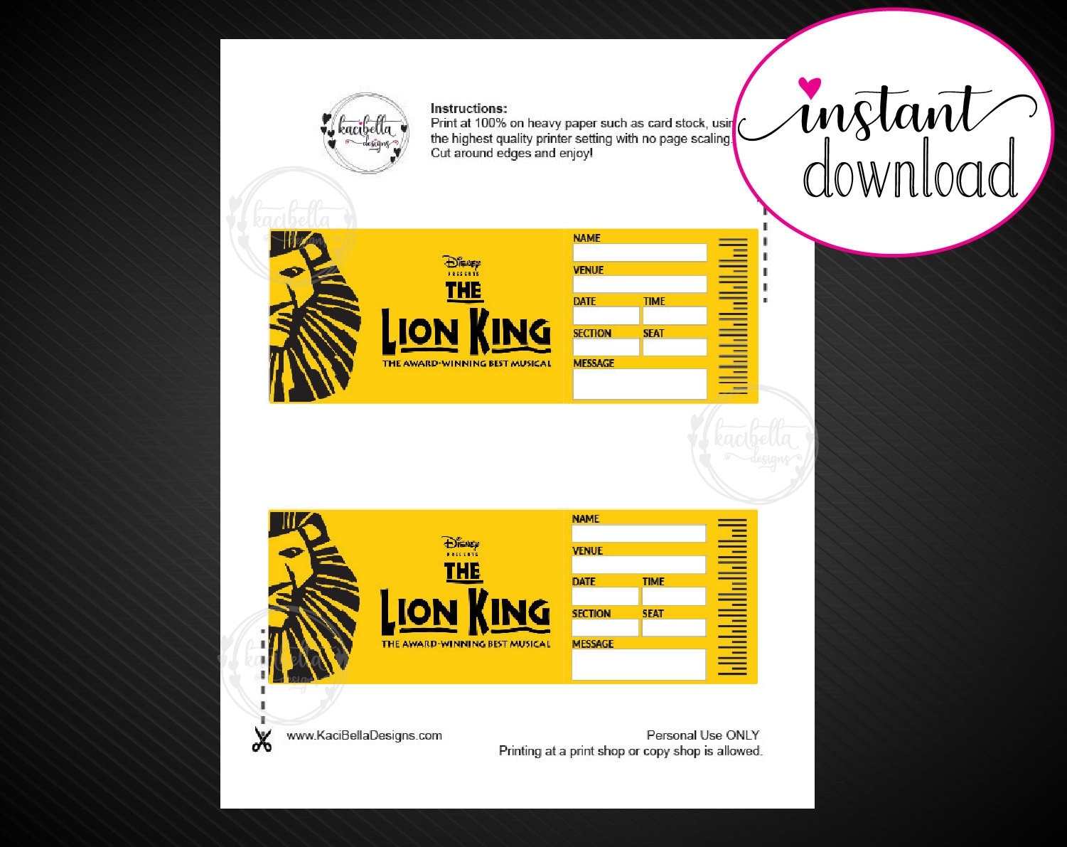 Printable LION KING Broadway Surprise Ticket Editable Musical Theatre Faux Event Admission Souvenir Keepsake PDF Instant Digital Download Etsy