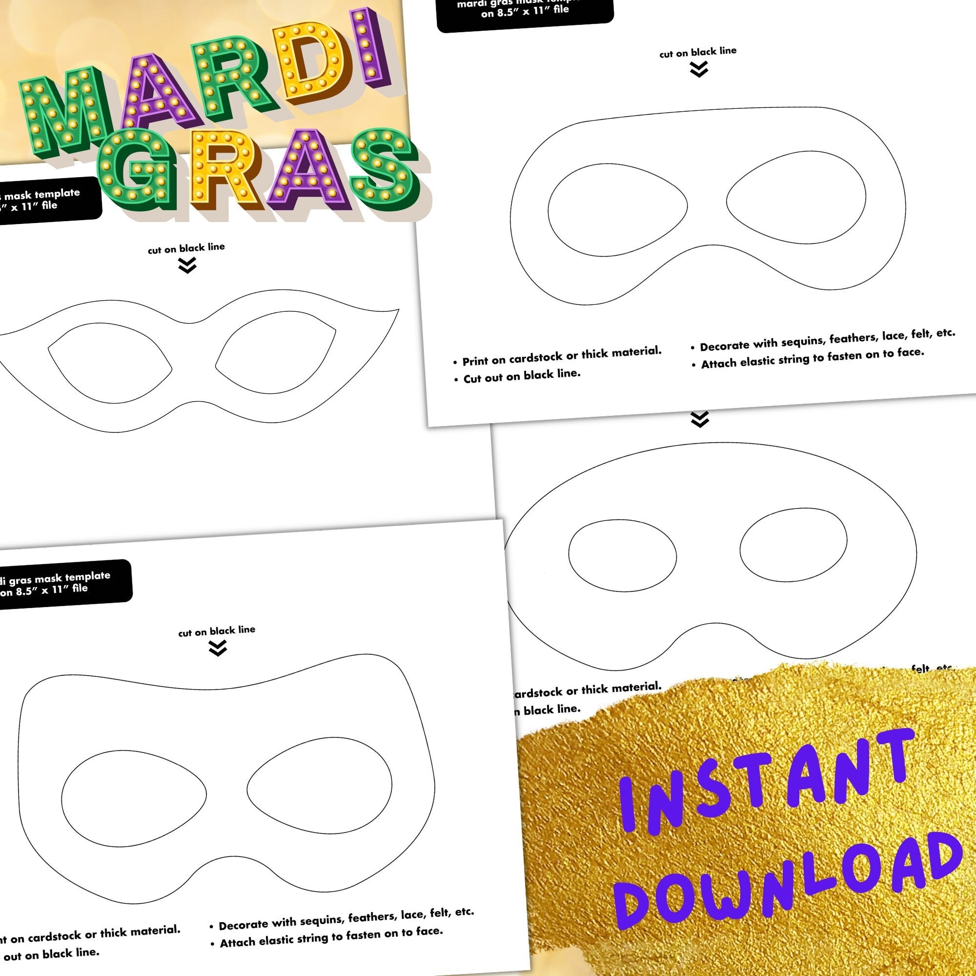 Printable Mardi Gras Mask Template Masquerade Mask Instant Download Etsy