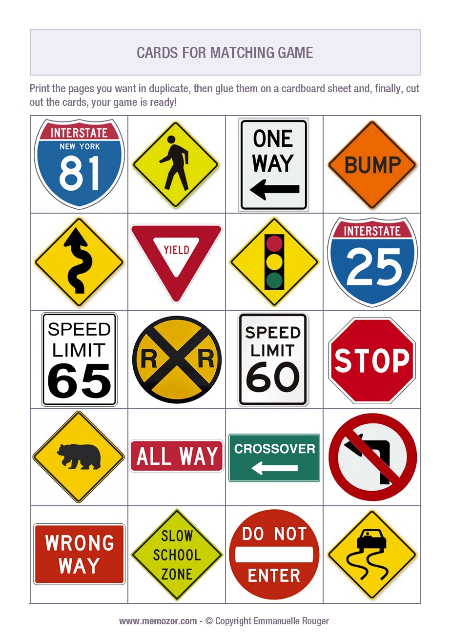 Printable Matching Game Road Signs Print And Cut Out The Cards Memozor