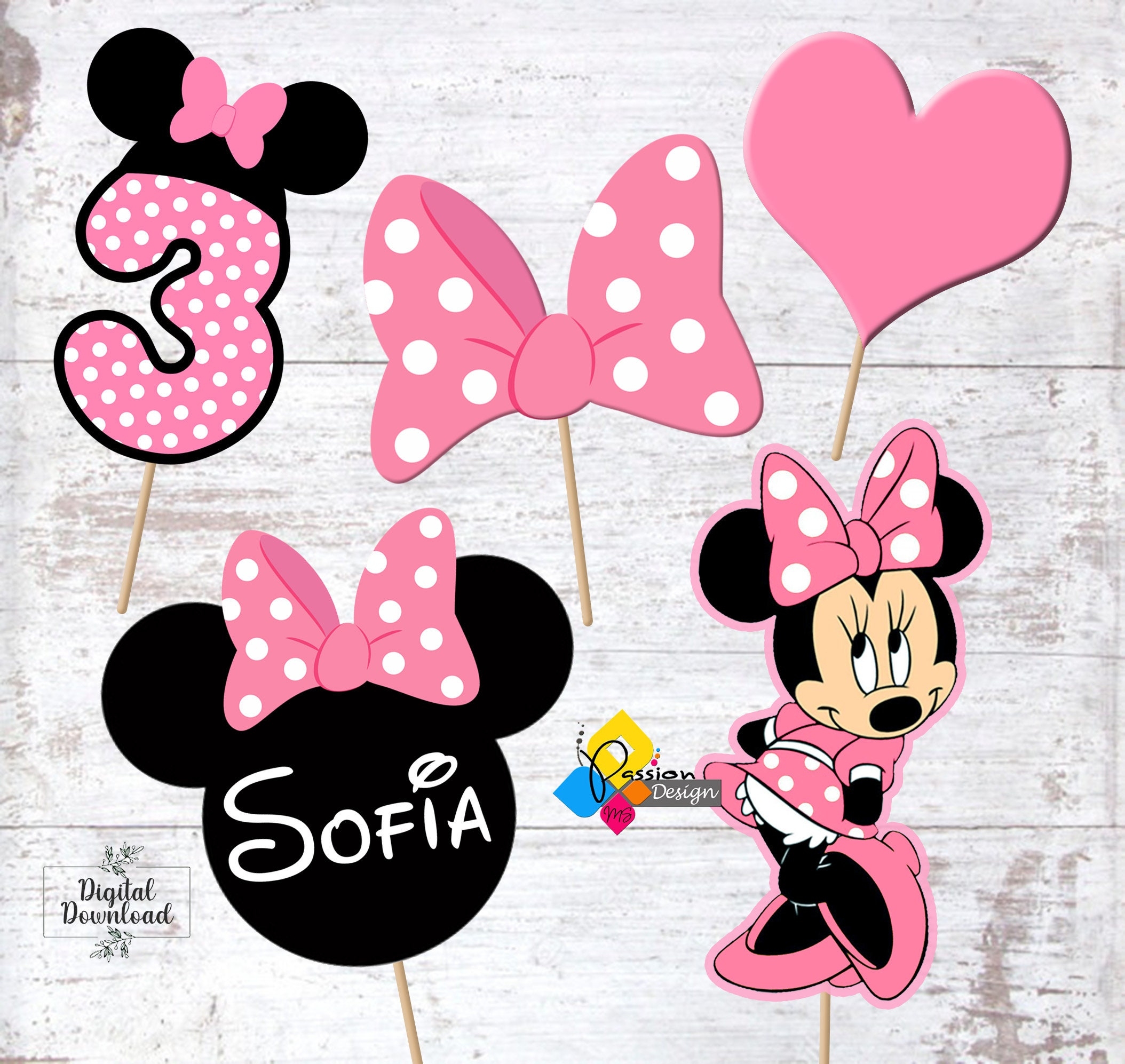 Printable MINNIE MOUSE Pink Birthday Cake Toppers Party Centerpieces Table Decorations Photo Props Custom DIY Minnie Mouse Decorations Etsy
