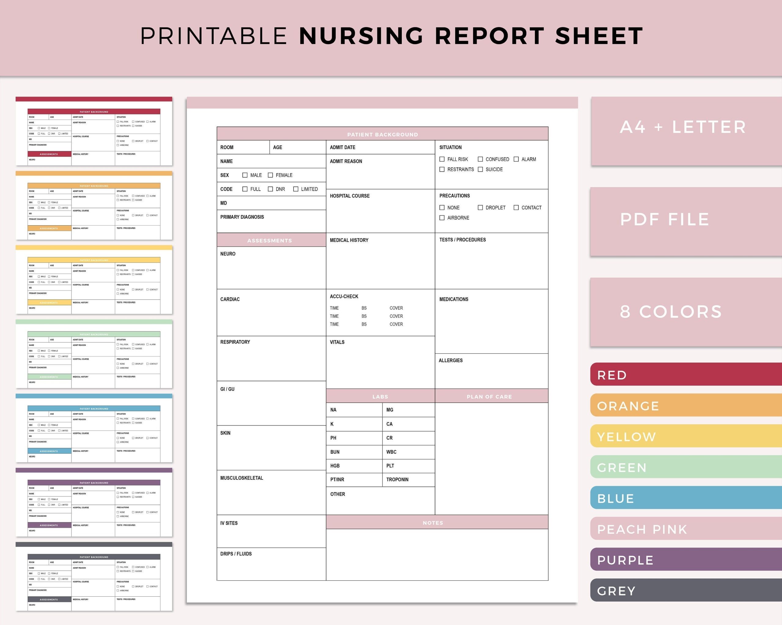 Printable Nursing Report Sheet Nurse Brain Sheet Single Patient Reporting Template ICU Nurses Resources Med Surg A4 And US Letter Etsy