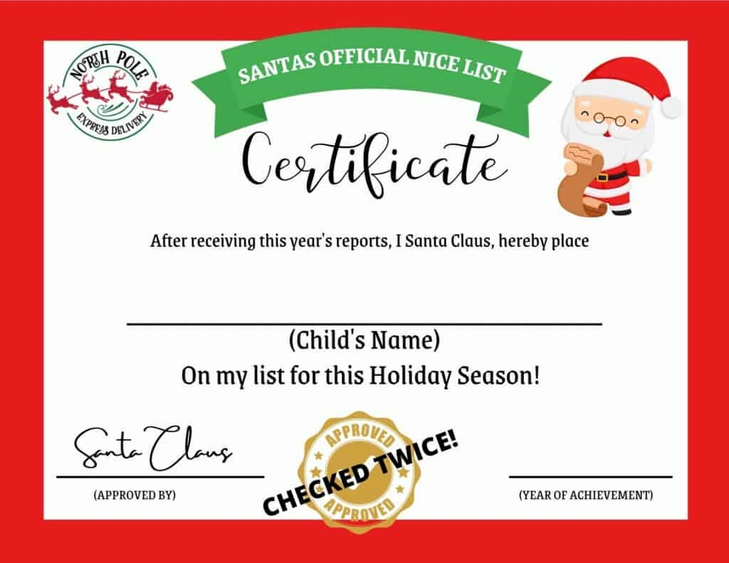 Printable Santa Nice List Certificate My Printable Home