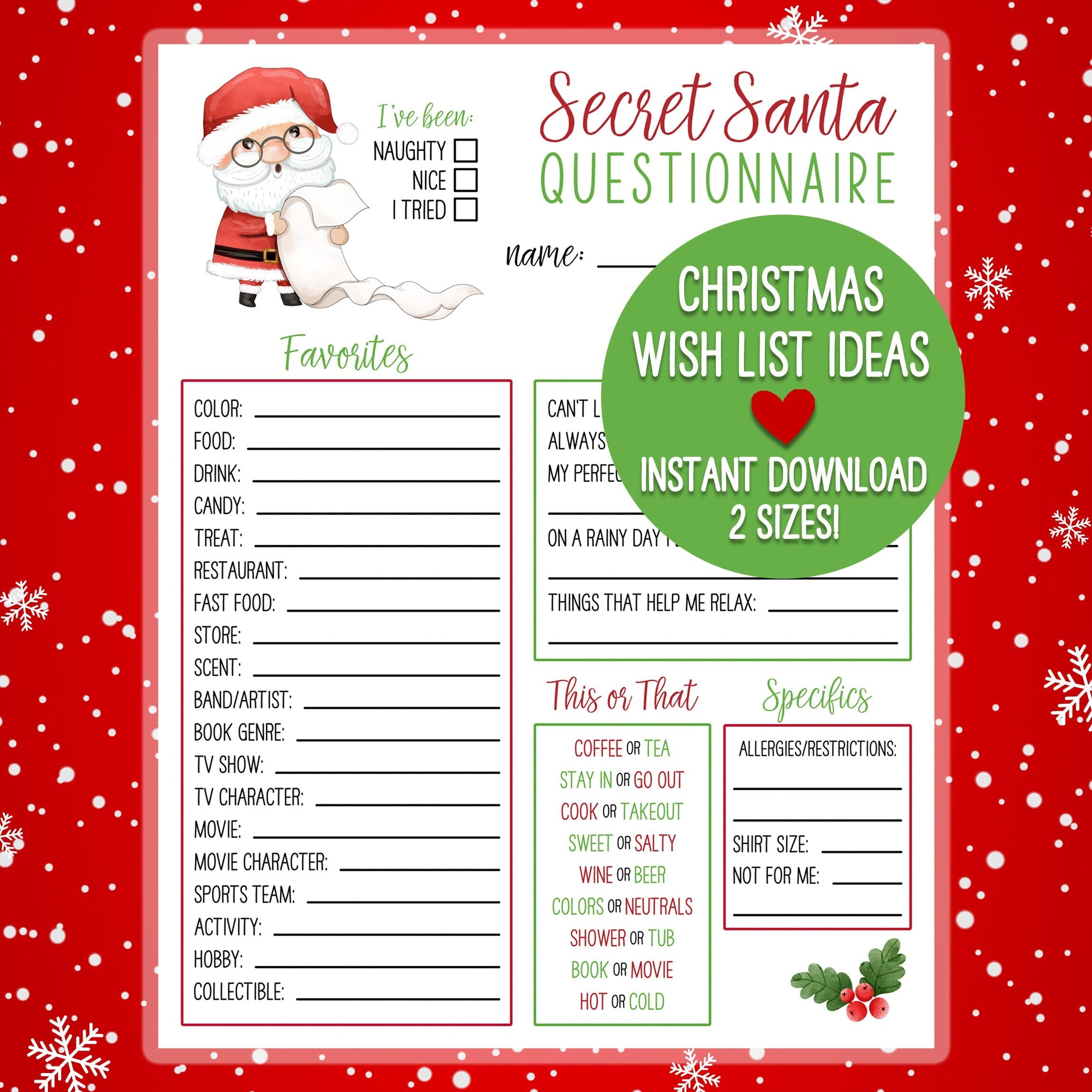 Free Printable Secret Santa Wish List Template