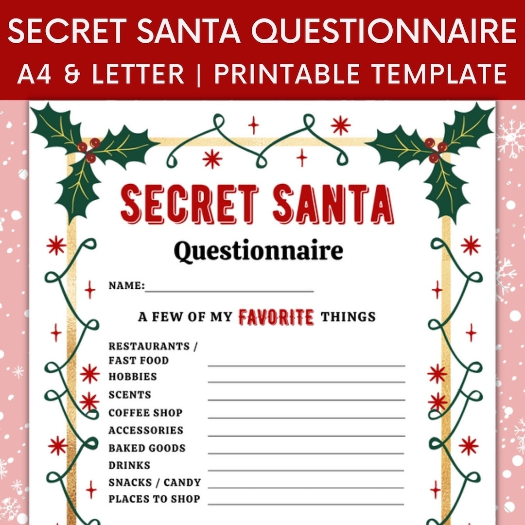 Printable Secret Santa Questionnaire For Christmas Gift Exchange Questions Work Secret Santa My Favorite Things Christmas Wish List Etsy
