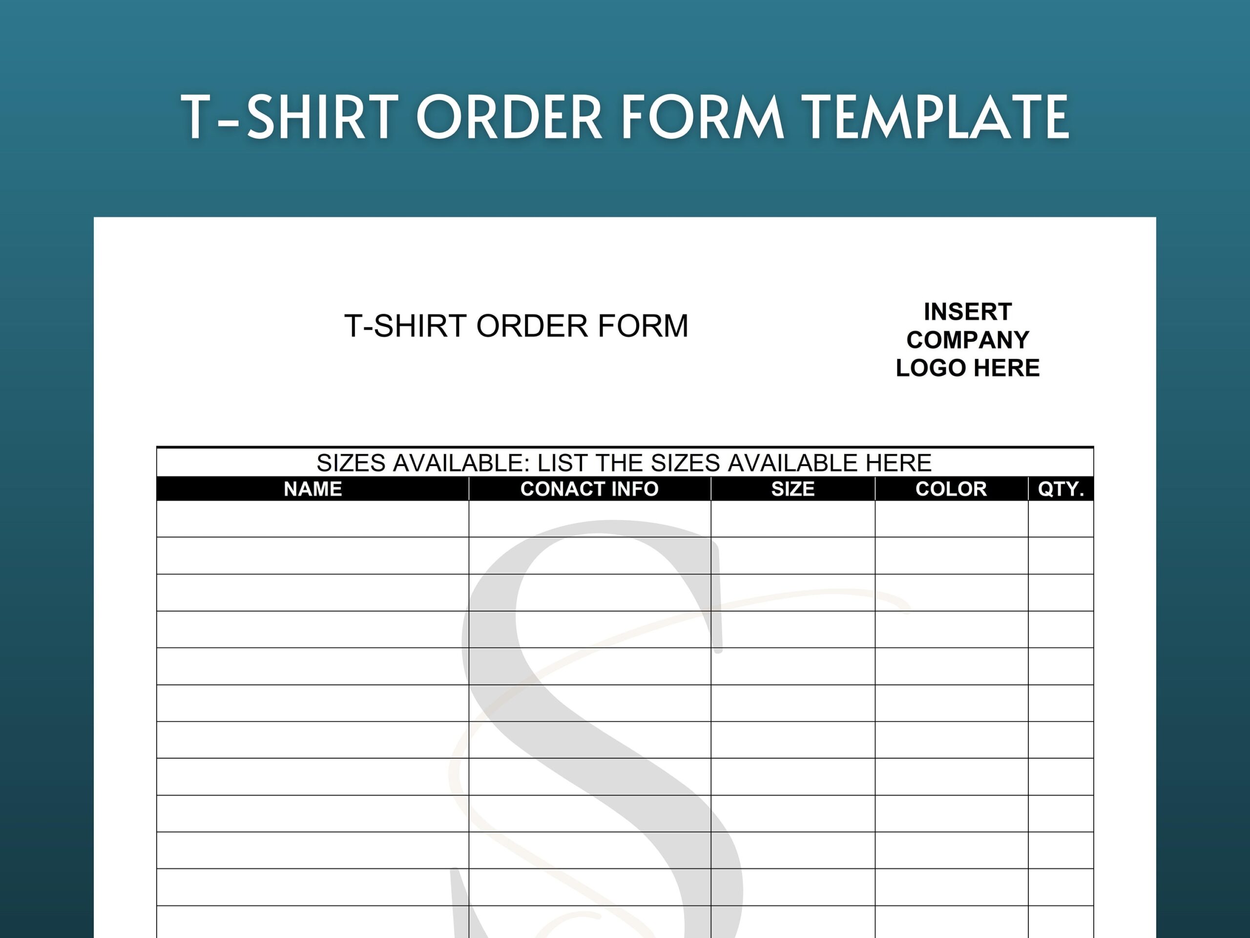 Printable Downloadable T Shirt Order Form Template