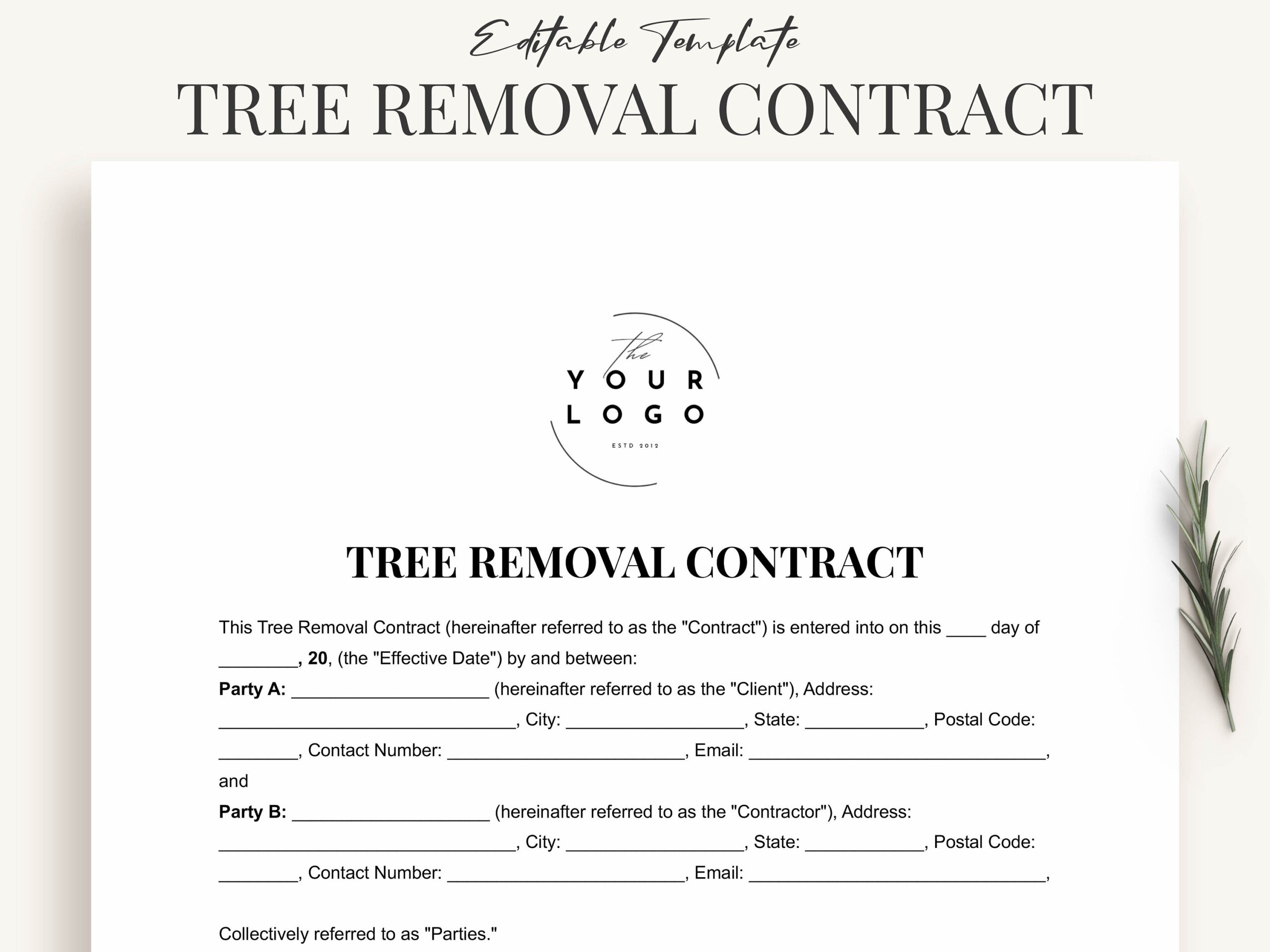 Printable Tree Removal Contract Template Word Customizable PDF Agreement For Tree Removal Etsy Norway