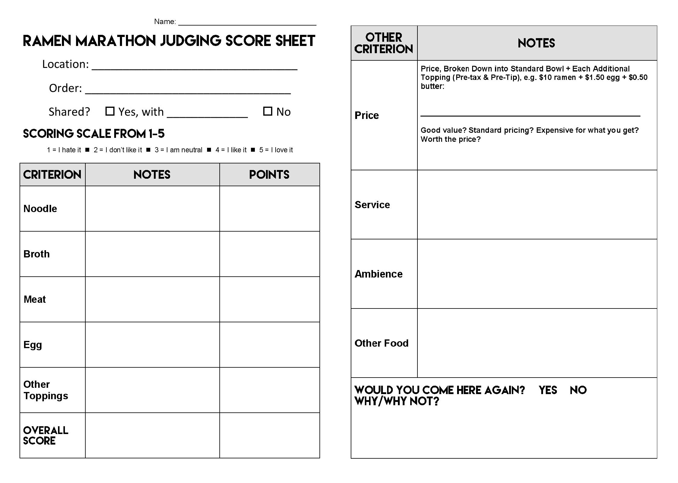 Printable Food Judging Score Sheet Template