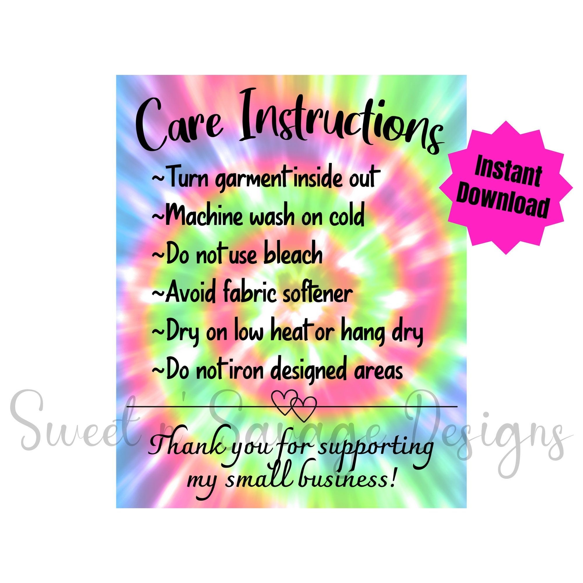 Free Template Tie Dye Care Instructions Printable