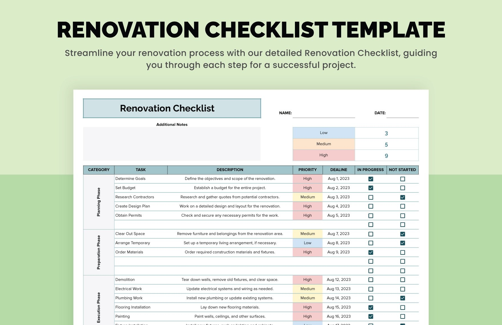 Renovation Checklist Template In Excel Google Sheets Download Template 