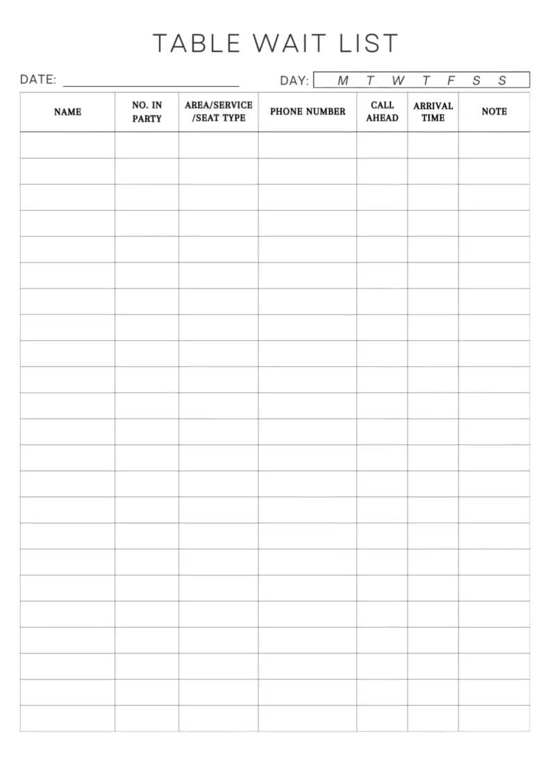 Restaurant Table Wait List Printable Waiting List Printable Restaurant Wait List Waiting Log Book A4 a5 letter PDF Instant Download Etsy