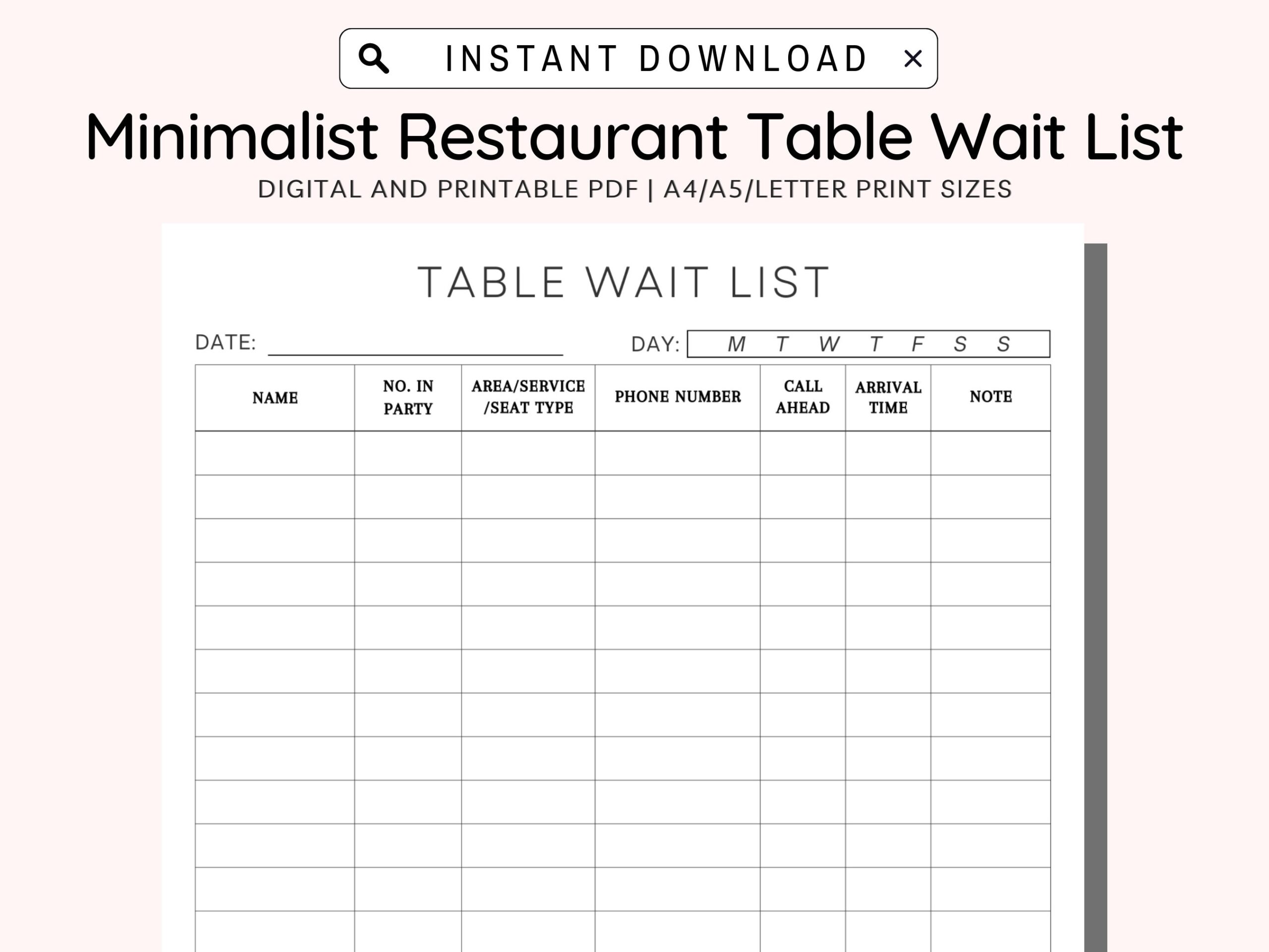 Restaurant Table Wait List Printable Waiting List Printable Restaurant Wait List Waiting Log Book A4 a5 letter PDF Instant Download Etsy