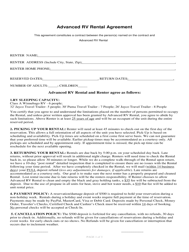 Rv Rental Agreement Fill Online Printable Fillable Blank PdfFiller