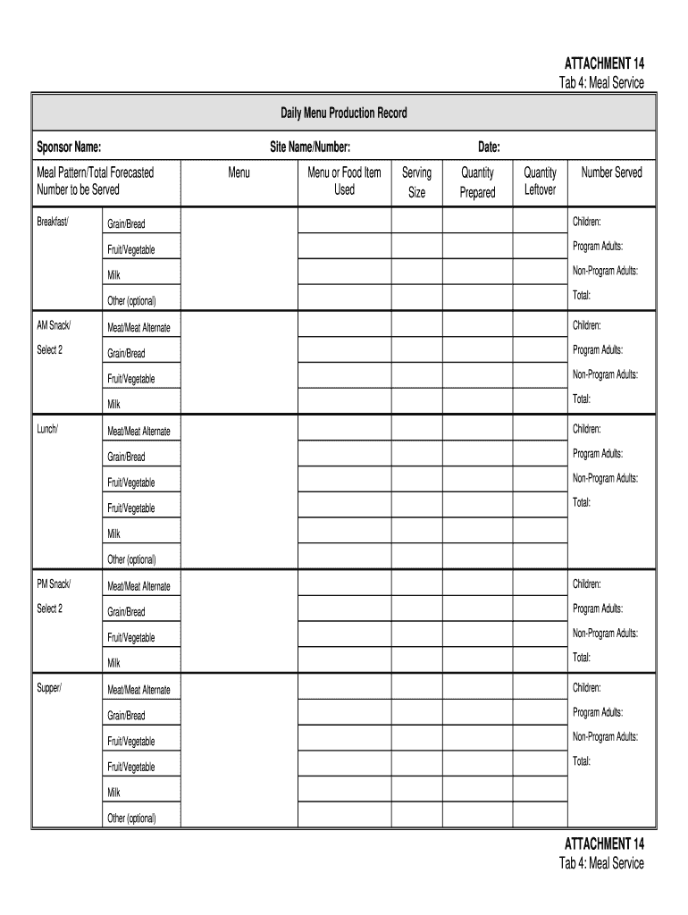 Printable Food Production Sheet Template