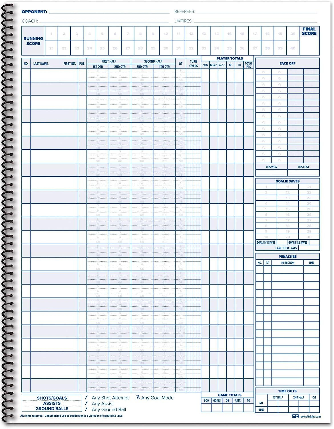 Score It Right Lacrosse Scorebook 24 Player Womens Score Keeping Book For 30 Games Spiral Bound Lacrosse Scorebook With Simplified Scoring Instructions 9 25 X 12 inch Scorebook Hardcover