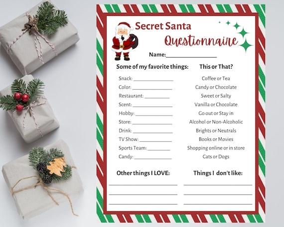 Secret Santa Questionnaire Printable Secret Santa Form Secret Santa For Work Secret Santa Printable Secret Santa Wish List Christmas Etsy
