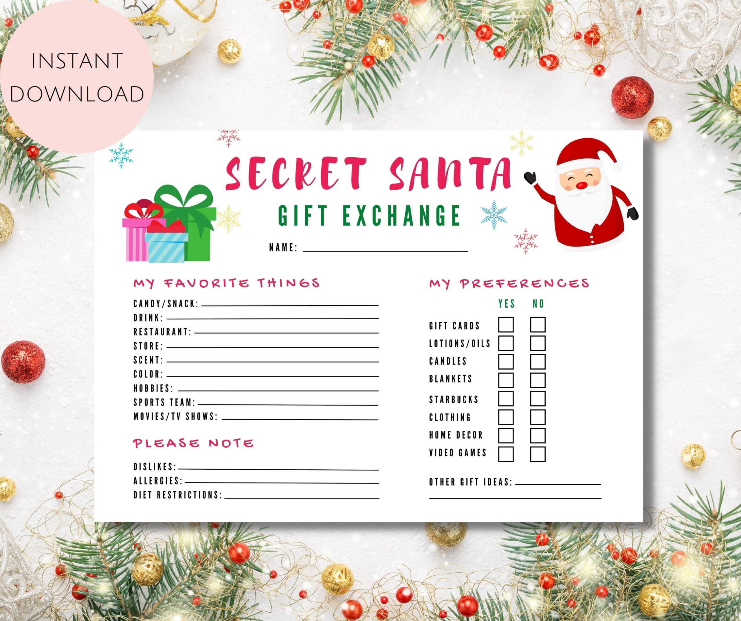 Secret Santa Questionnaire Printable Secret Santa Form Secret Santa For Work Secret Santa Printable Secret Santa Wish List Instant Download Etsy Finland