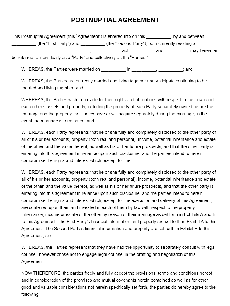 Printable Postnuptial Agreement Template