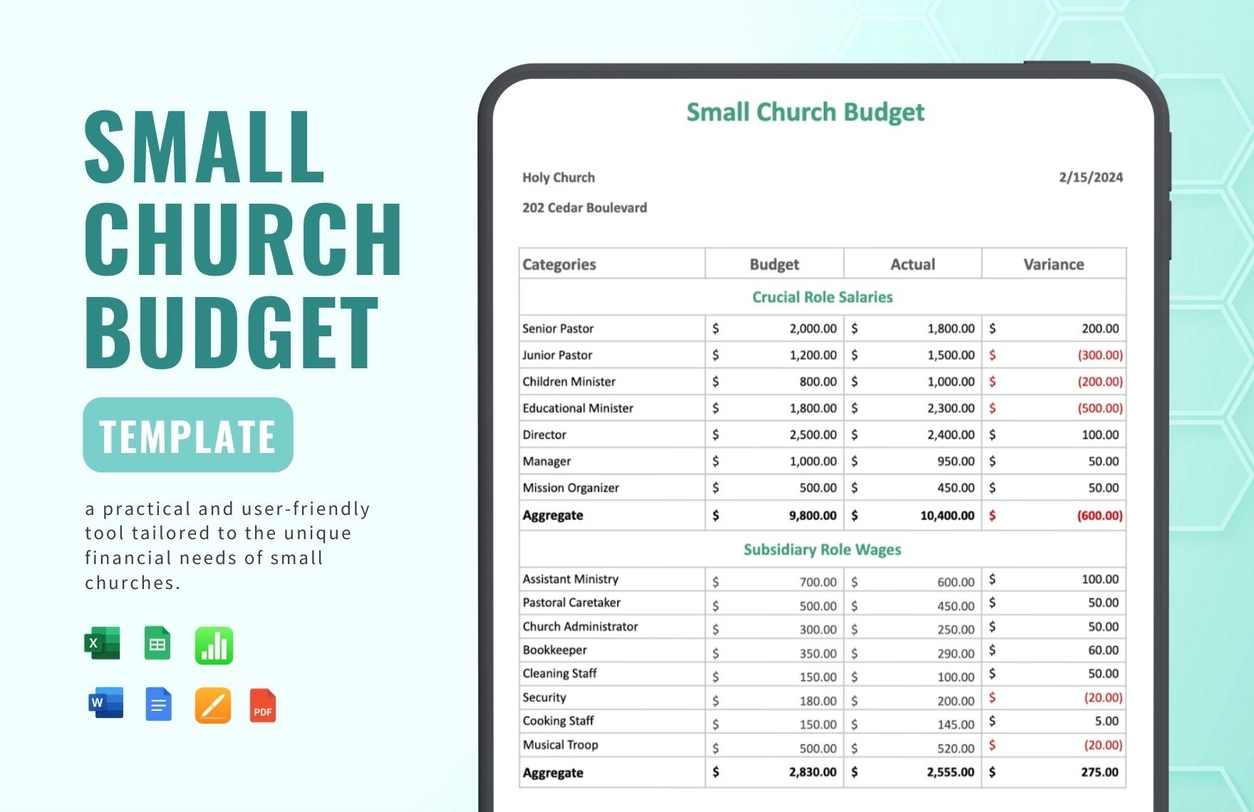 Small Church Budget Template In GDocsLink Portable Documents Numbers Pages MS Word MS Excel Google Sheets Download Template