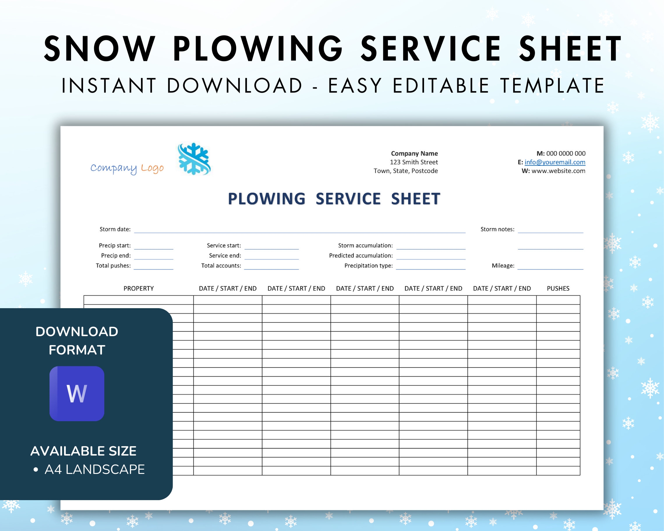 Printable Snow Removal Log Sheet Template
