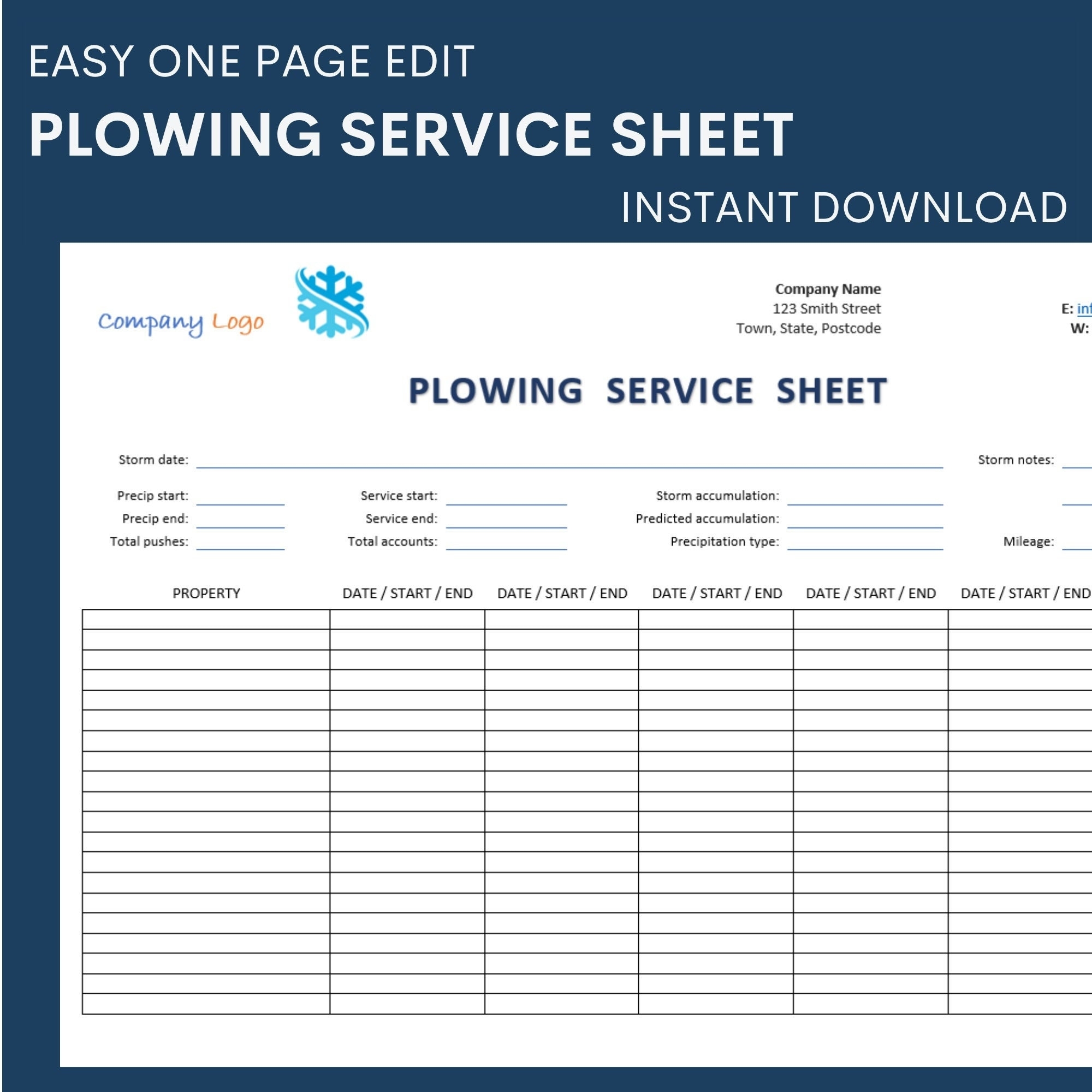 Snow Removal Agreement Template Plowing Service Sheet Simple Easy Digital Download Microsoft Word Editable Instant Download Etsy