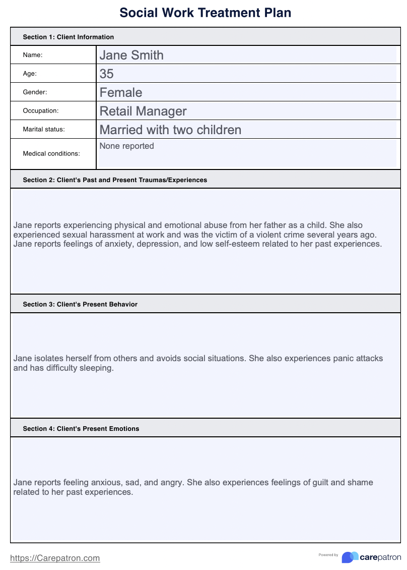 Social Work Treatment Plan Example Free PDF Download