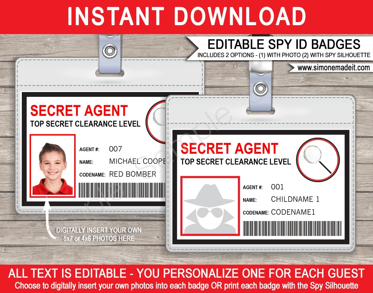 Spy Birthday Party Badge Secret Agent Badge Printable ID Badge Template INSTANT DOWNLOAD With Editable Text You Personalize At Home Etsy