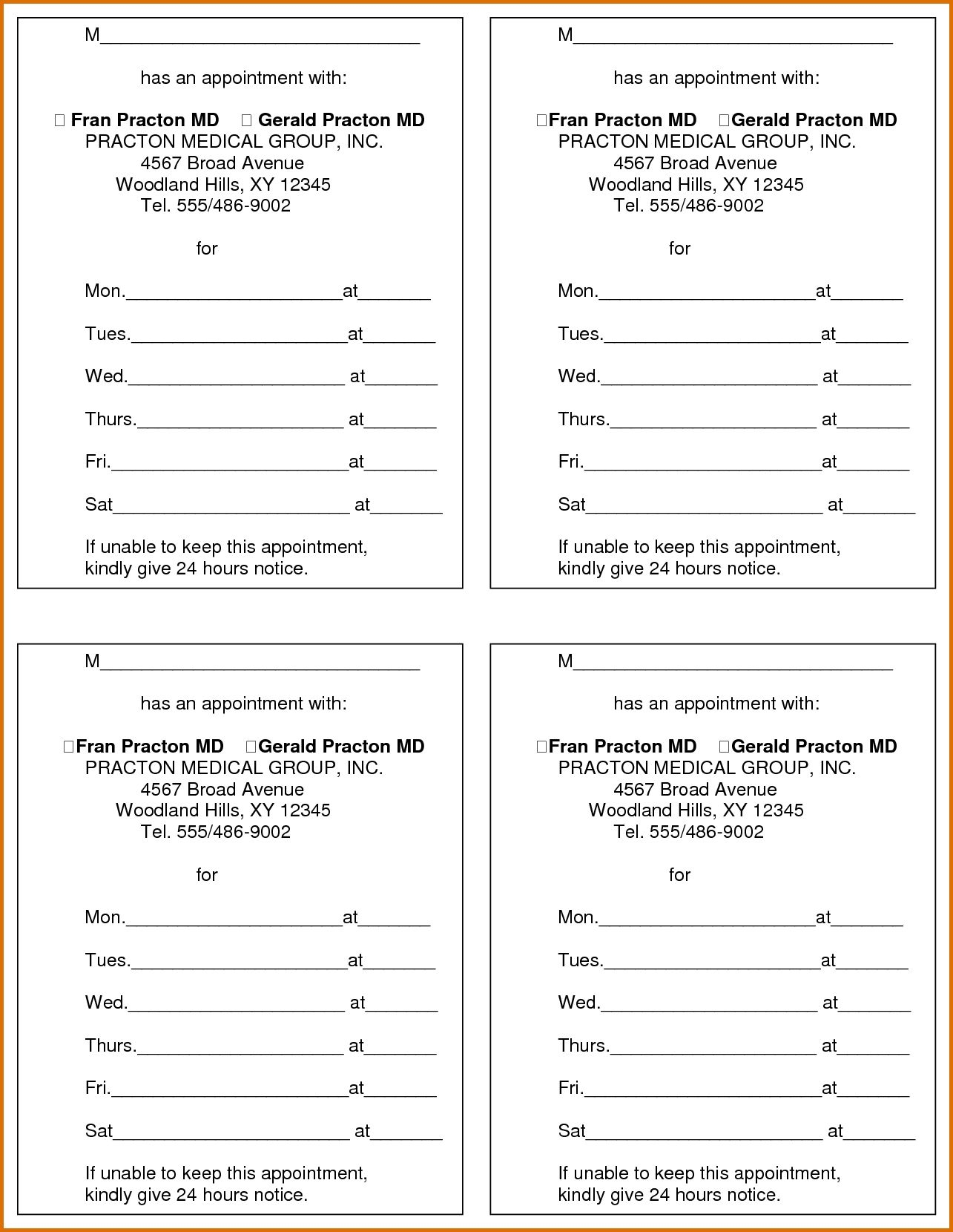 Printable Appointment Reminder Cards Template Free