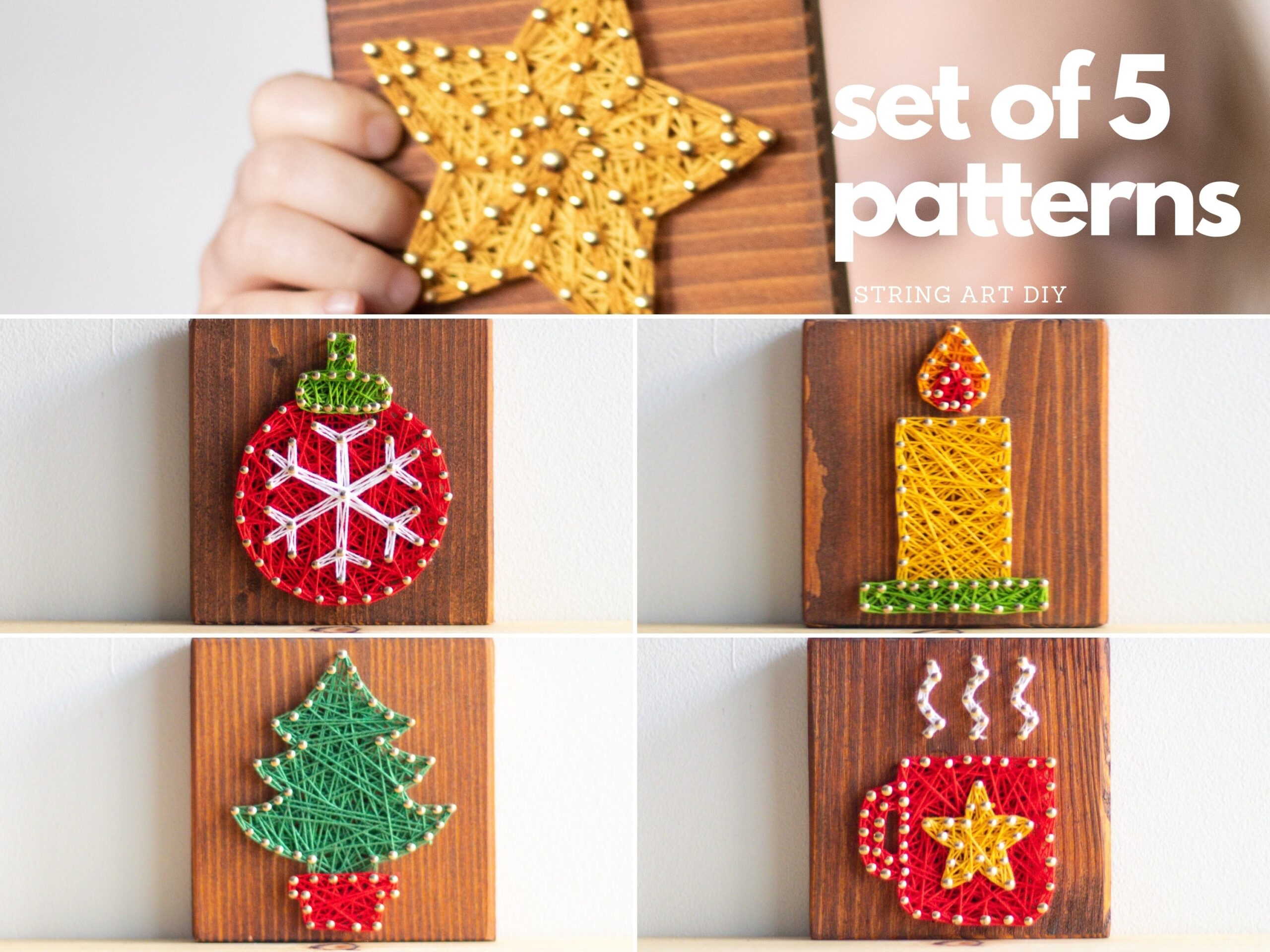 String Art Pattern Printable Christmas String Art Pattern Set Of 5 Patterns With Instructions For Kids And Adults Etsy