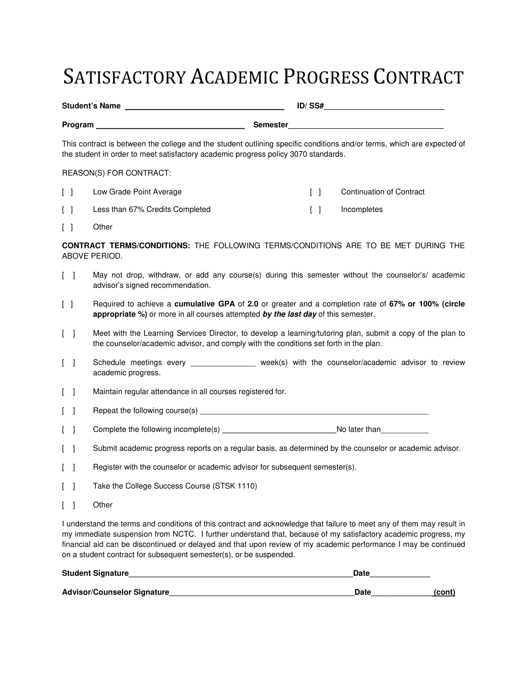 Printable Student Contract Template
