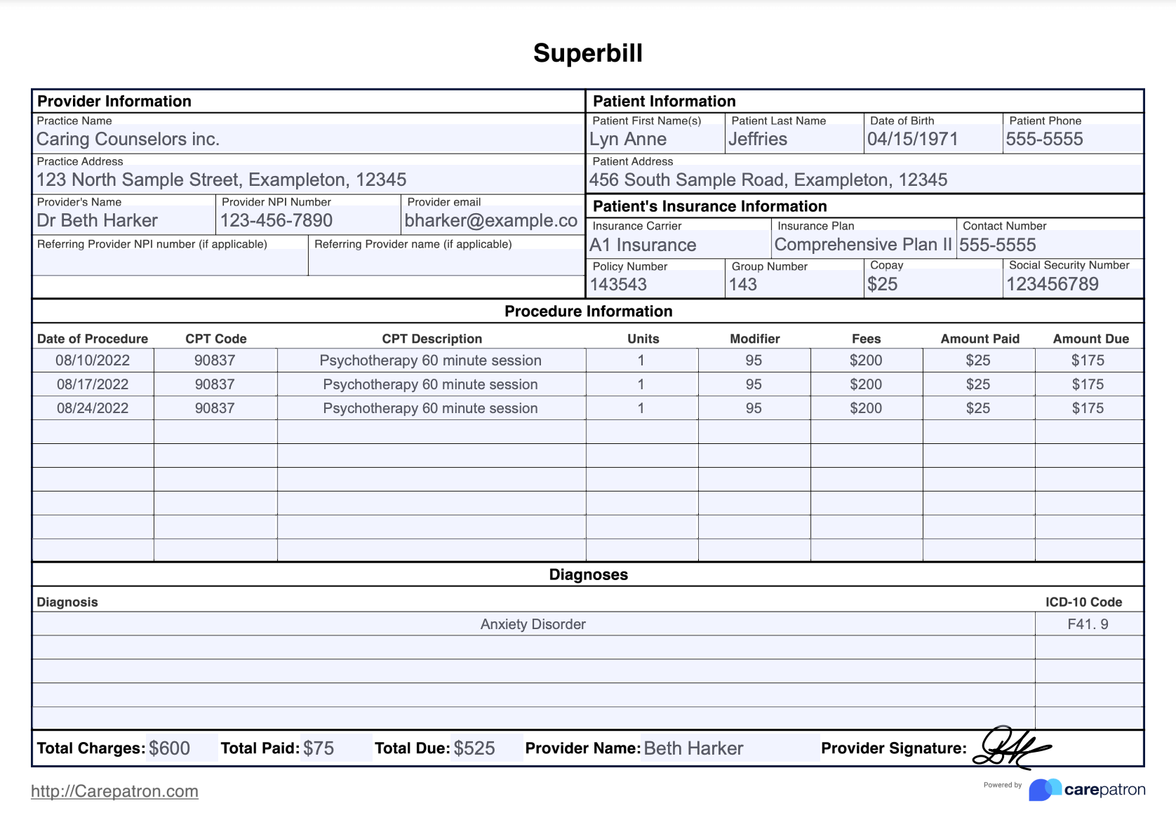 Superbill Template Example Free PDF Download
