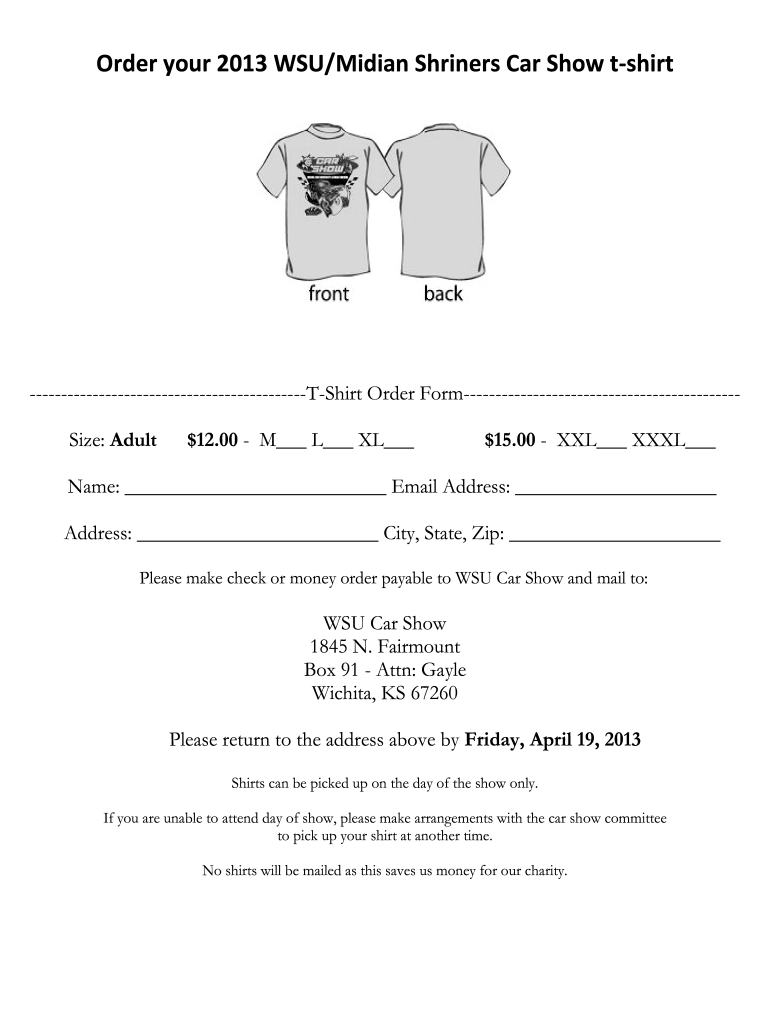 Printable Downloadable T Shirt Order Form Template