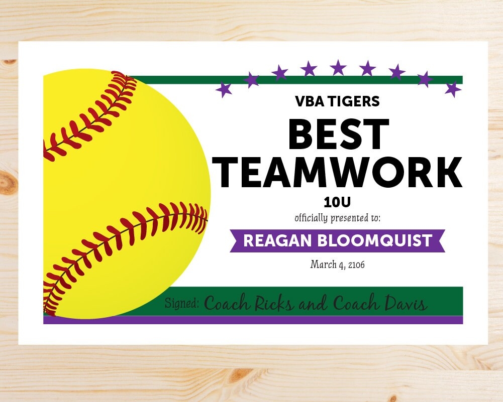 TEAM COLORS Softball Award Certificates Instant Download Printable PDF Green And Purple Editable Award Certificate Template Etsy Israel