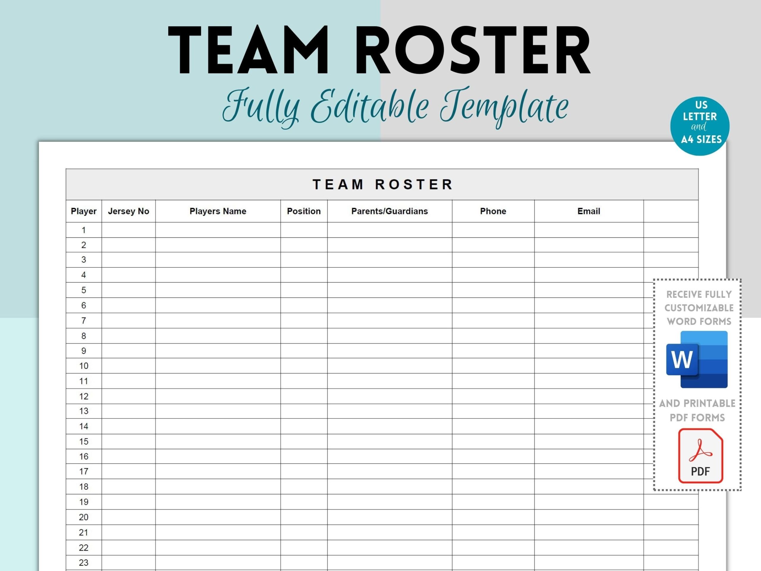 Team Roster Sports Roster Printable Soccer Team Roster Softball Roster Football Roster Editable Word Printable PDF Etsy