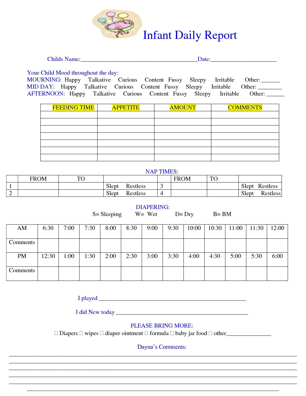 The Stunning Baby Daily Sheet Infant Daily Report Download As Doc For Daycare Infant Daily Re Infant Daily Report Preschool Daily Report Starting A Daycare
