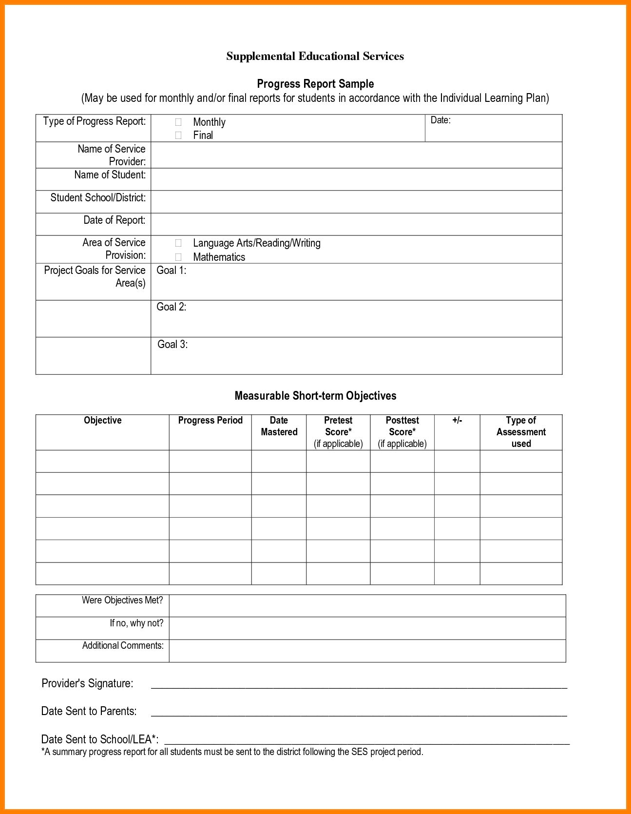 Printable Student Progress Report Template
