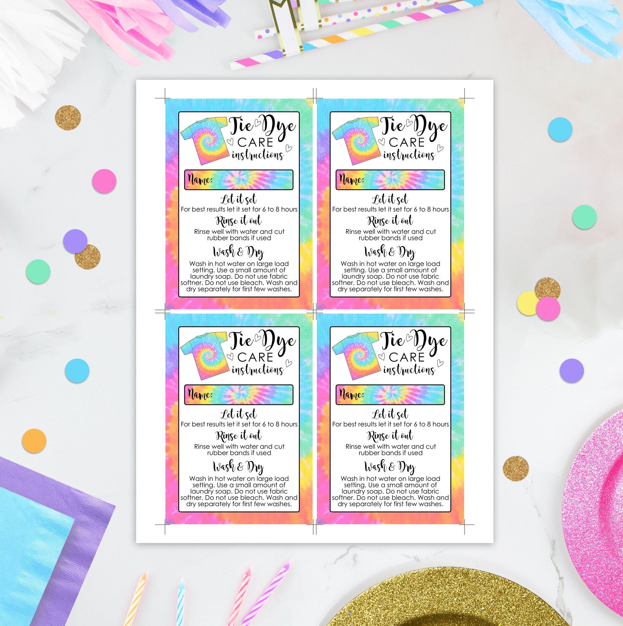 Tie Dye Care Instructions Instant Download Tie Dye Instructions Card Editable Tie Dye Card Printable Tie Dye Washing Instructions Rainbow Etsy