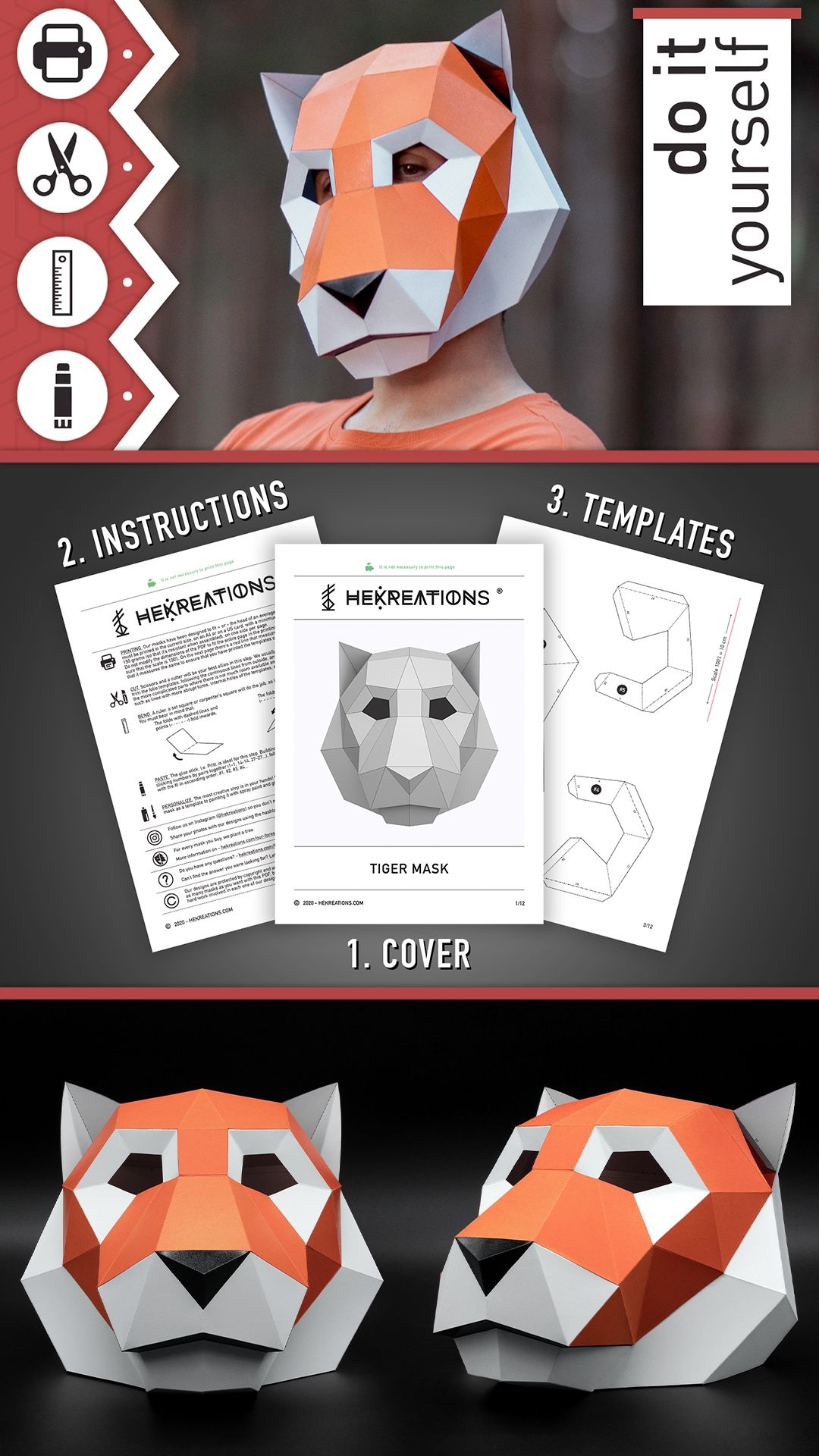 Tiger Mask DIY Paper Mask Printable Template Papercraft 3D Mask Polygon Low Poly Geometric Costume Pattern PDF Download Etsy Tiger Mask Paper Mask Template Paper Mask