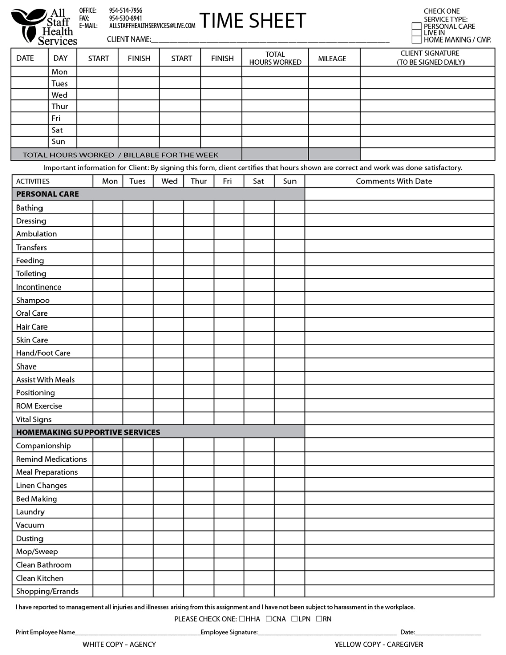 Printable Home Health Aide Care Plan Template