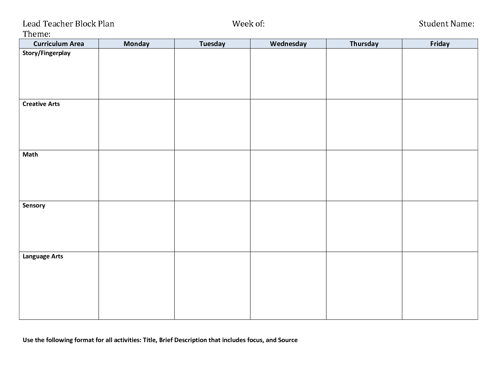 Printable Creative Curriculum Preschool Lesson Plan Template