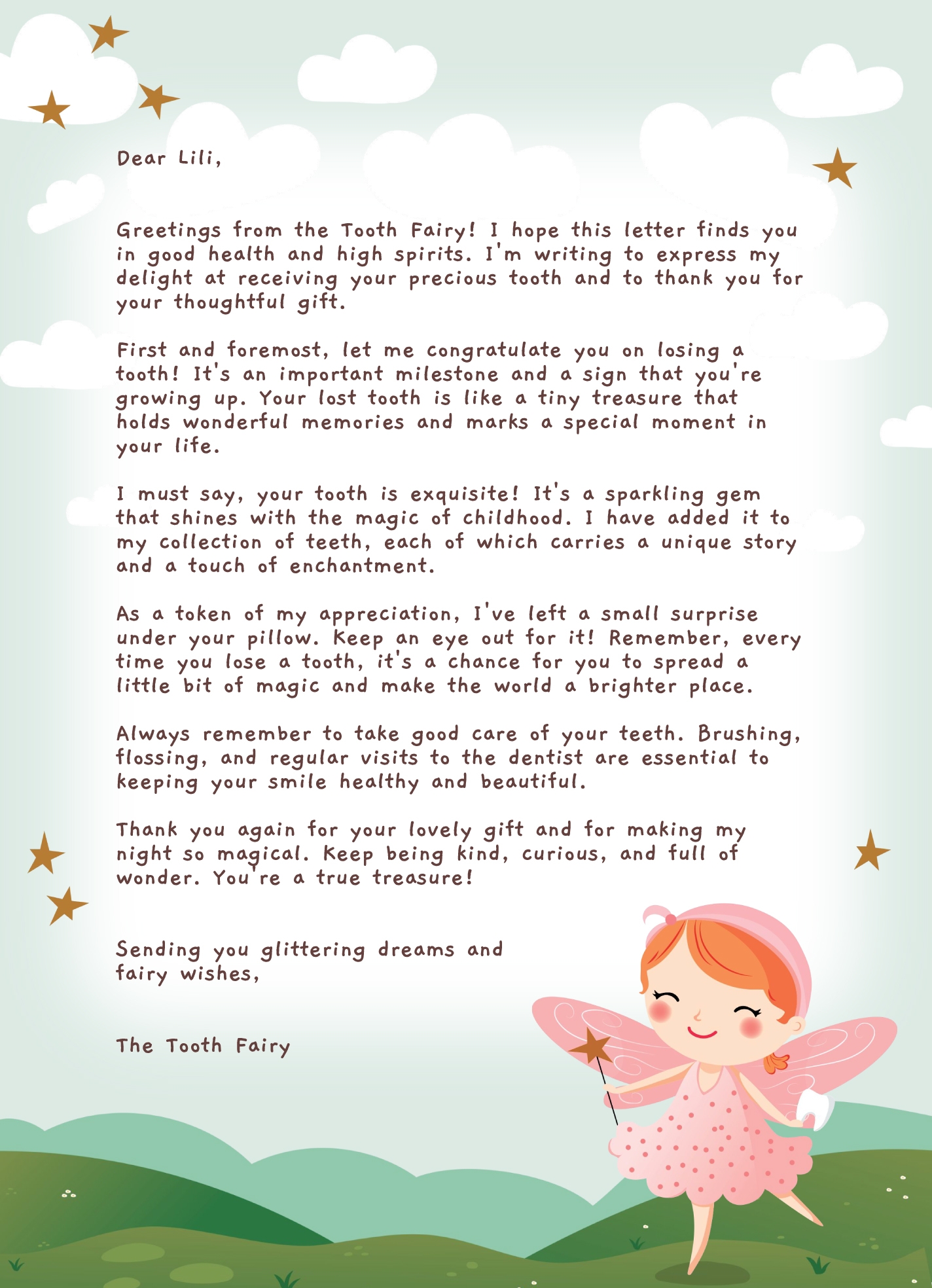 Free Printable Tooth Fairy Letter Template