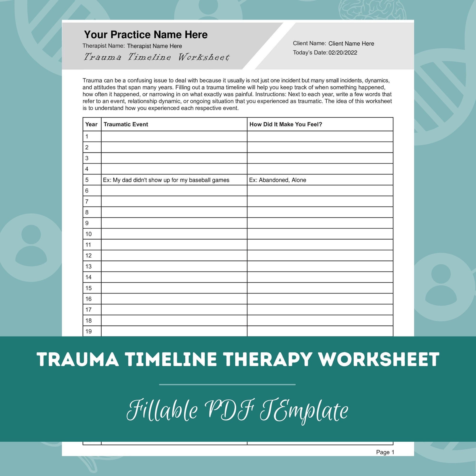 Trauma Timeline Therapy Worksheet Editable Fillable PDF Template For Counselors Psychologists Therapists Etsy
