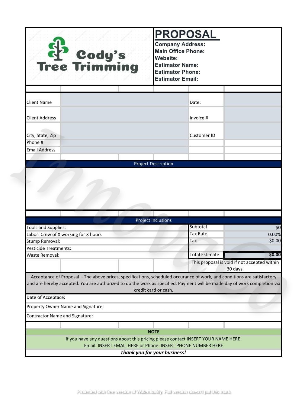 Printable Tree Service Estimate Template