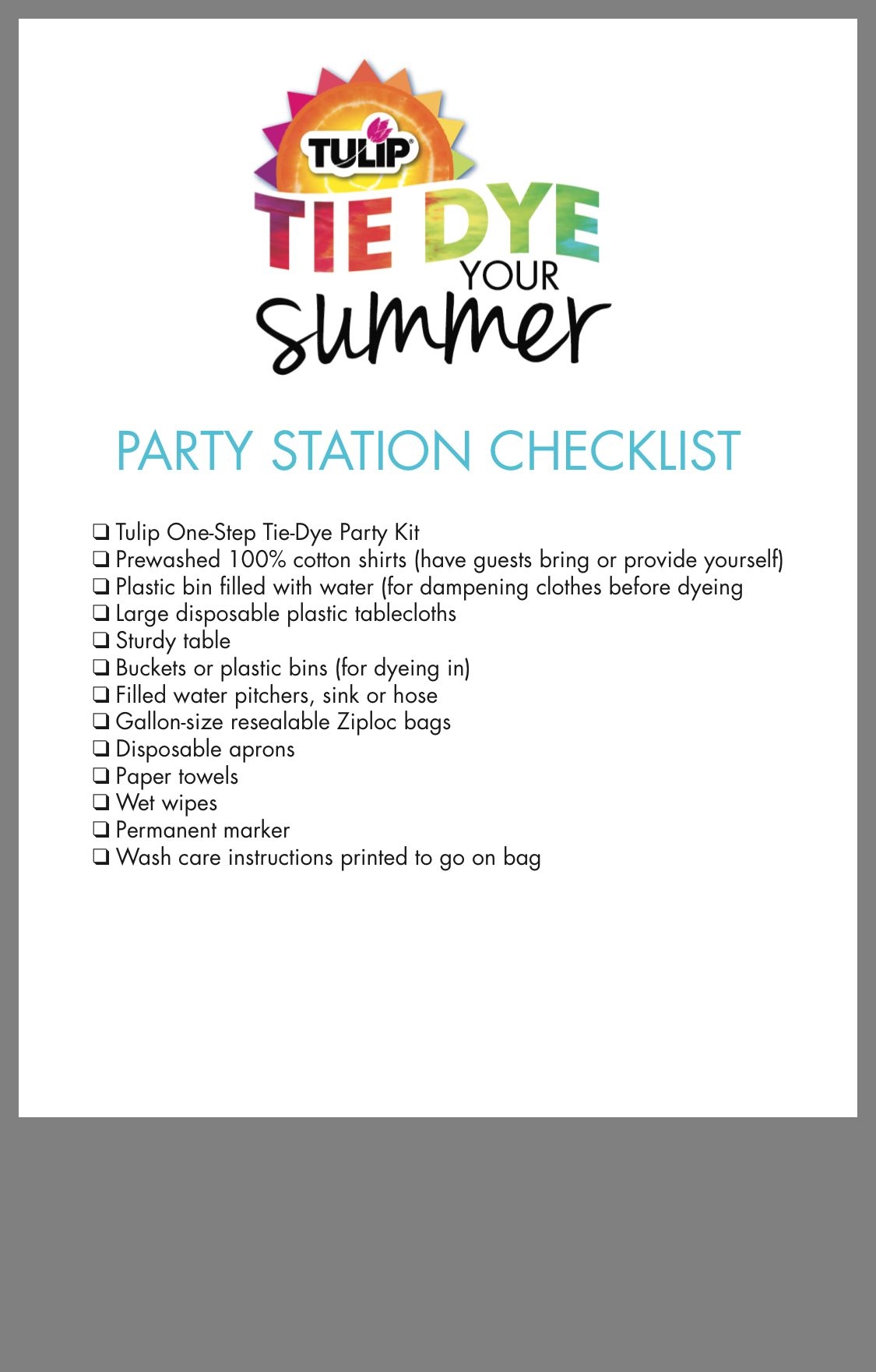 Tulip Tie Dye Party Station Checklist