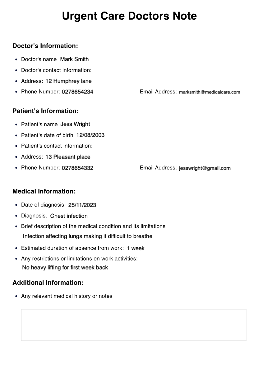 Urgent Care Doctors Note Template Example Free PDF Download