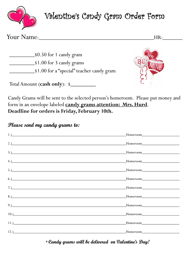 Valentine Candy Gram Order Form Fill Online Printable Fillable Blank PdfFiller