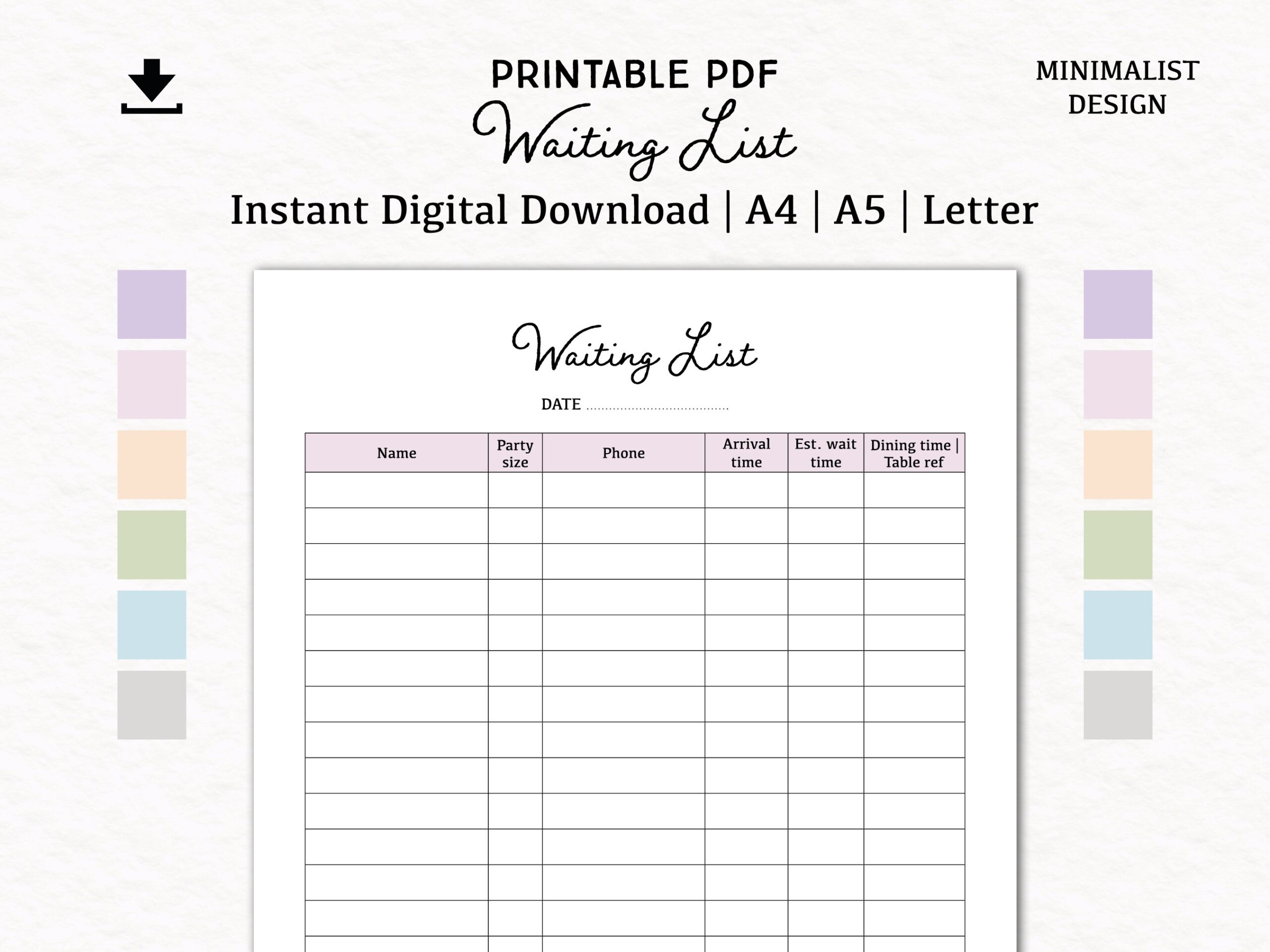 Waiting List Digital Download PDF Printable A4 A5 Letter Table Wait List Restaurant Wait List Waiting Log Book Etsy